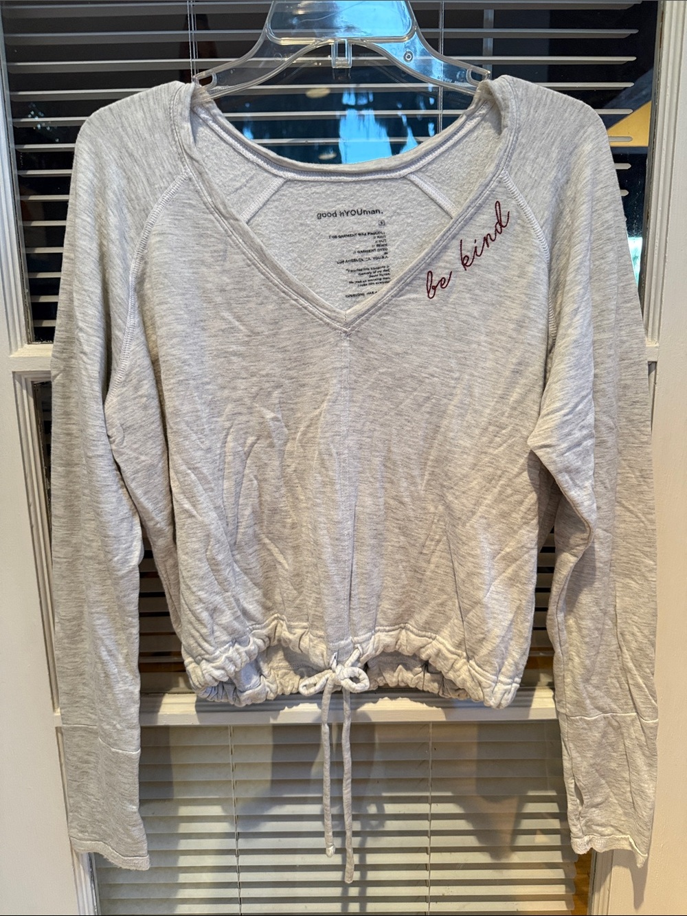 good hYOUman Light Gray V-Neck Drawstring Sweatshirt with 'be kind' Embroidery